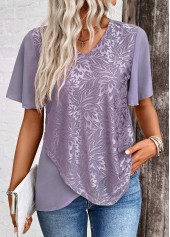 Dusty Purple tops,Plain Color tops,ROTITA Cross Hem Dusty Purple V Neck Short Sleeve Blouse
