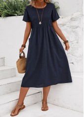 Navy dresses,Plain Color dresses,Everyday dresses,Casual dresses,Tuck Stitch Navy Round Neck Short Sleeve Dress