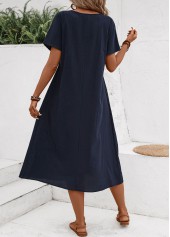 Navy dresses,Plain Color dresses,Everyday dresses,Casual dresses,Tuck Stitch Navy Round Neck Short Sleeve Dress