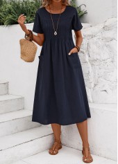 Navy dresses,Plain Color dresses,Everyday dresses,Casual dresses,Tuck Stitch Navy Round Neck Short Sleeve Dress