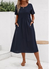 Navy dresses,Plain Color dresses,Everyday dresses,Casual dresses,Tuck Stitch Navy Round Neck Short Sleeve Dress