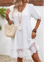White dresses,Plain Color dresses,Vacation dresses,Vacation dresses,Lace White V Neck Half Sleeve Shift Dress