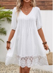 White dresses,Plain Color dresses,Vacation dresses,Vacation dresses,Lace White V Neck Half Sleeve Shift Dress