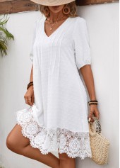 White dresses,Plain Color dresses,Vacation dresses,Vacation dresses,Lace White V Neck Half Sleeve Shift Dress