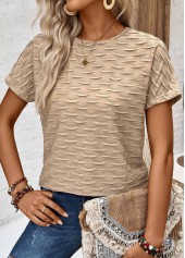 Light Camel tops,Plain Color tops,Textured Fabric Light Camel Round Neck T Shirt