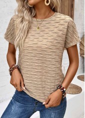 Light Camel tops,Plain Color tops,Textured Fabric Light Camel Round Neck T Shirt