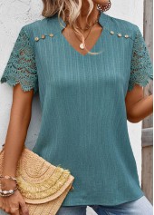 Turquoise tops,Plain Color tops,ROTITA Lace Turquoise Split Neck Short Sleeve Blouse
