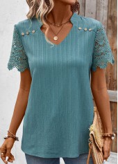 Turquoise tops,Plain Color tops,ROTITA Lace Turquoise Split Neck Short Sleeve Blouse