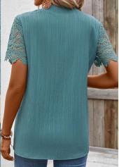 Turquoise tops,Plain Color tops,ROTITA Lace Turquoise Split Neck Short Sleeve Blouse