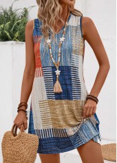 Multi Color dresses,Geometric dresses,Everyday dresses,Casual dresses,Lightweight Geometric Print Multi Color Short Sleeveless Shift Dress