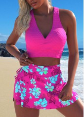 Neon Rose Red swimwear,Floral swimwear,Plants swimwear,ROTITA Criss Cross Neon Rose Red Floral Print Bikini Set