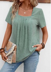 Sage Green tops,Plain Color tops,ROTITA Pleated Sage Green Square Neck Short Sleeve T Shirt