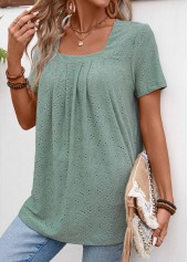 Sage Green tops,Plain Color tops,ROTITA Pleated Sage Green Square Neck Short Sleeve T Shirt