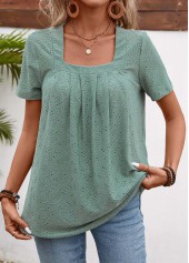 Sage Green tops,Plain Color tops,ROTITA Pleated Sage Green Square Neck Short Sleeve T Shirt