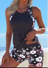 Gray Brown swimwear,Floral swimwear,Plants swimwear,ROTITA Cut Out Gray Brown Floral Print Tankini Set