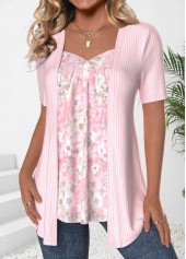 Light Pink tops,Floral tops,Plants tops,ROTITA Patchwork Floral Print Light Pink Fake Two Piece Twinset