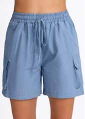 Dusty Blue bottoms,Plain Color bottoms,ROTITA Pocket Dusty Blue Elastic Waist High Waisted Shorts
