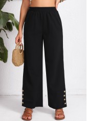 Black bottoms,Plain Color bottoms,Button Elastic Waist High Waisted Black Pants