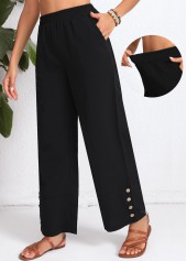 Black bottoms,Plain Color bottoms,Button Elastic Waist High Waisted Black Pants