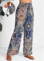Blue bottoms,Multi Color bottoms,Tribal bottoms,Paisley bottoms,Floral bottoms,Plants bottoms,Smocked Tribal Print Blue Elastic Waist High Waisted Pants