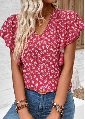 Wine Red tops,Ditsy Floral tops,Floral tops,Plants tops,ROTITA Ruffle Ditsy Floral Print Wine Red V Neck Blouse