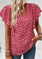 Wine Red tops,Ditsy Floral tops,Floral tops,Plants tops,ROTITA Ruffle Ditsy Floral Print Wine Red V Neck Blouse