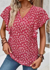 Wine Red tops,Ditsy Floral tops,Floral tops,Plants tops,ROTITA Ruffle Ditsy Floral Print Wine Red V Neck Blouse