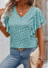 Mint Green tops,Ditsy Floral tops,ROTITA Ruffle Ditsy Floral Print Mint Green V Neck Blouse