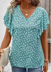 Mint Green tops,Ditsy Floral tops,ROTITA Ruffle Ditsy Floral Print Mint Green V Neck Blouse