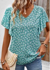 Mint Green tops,Ditsy Floral tops,ROTITA Ruffle Ditsy Floral Print Mint Green V Neck Blouse