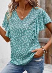 Mint Green tops,Ditsy Floral tops,ROTITA Ruffle Ditsy Floral Print Mint Green V Neck Blouse