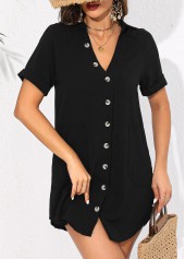 Black swimwear,Plain Color swimwear,Button V Neck Black Cover Up