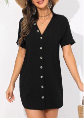 Black swimwear,Plain Color swimwear,Button V Neck Black Cover Up
