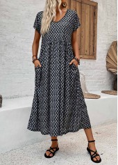 robe noire à manches courtes et col en V avec imprimé géométrique et poches Rotita