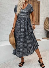 Black dresses,Geometric dresses,Everyday dresses,Casual dresses,ROTITA Pocket Geometric Print Black V Neck Short Sleeve Dress