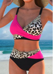 Hot Pink swimwear,Black swimwear,Leopard swimwear,ROTITA Surplice Hot Pink Leopard Bikini Set