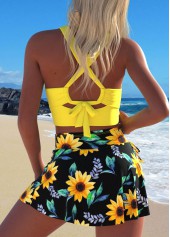 Yellow swimwear,Black swimwear,Plants swimwear,ROTITA Criss Cross Yellow Sunflower Print Bikini Set