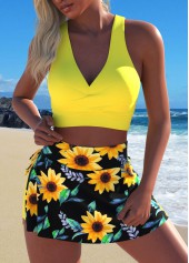 Yellow swimwear,Black swimwear,Plants swimwear,ROTITA Criss Cross Yellow Sunflower Print Bikini Set
