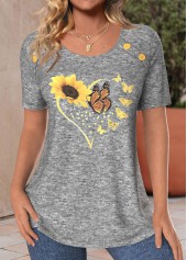 Hellgrau meliertes T-Shirt mit Rotita-Knopf-Sonnenblumen-Print