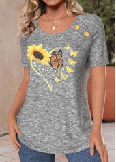Light Grey Marl tops,Plants tops,Heart tops,Animal Print tops,Dot tops,ROTITA Button Sunflower Print Light Grey Marl T Shirt