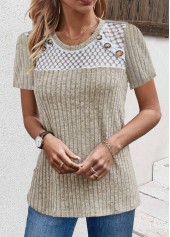 Light Camel tops,Contrast Color tops,ROTITA Lace Light Camel Round Neck Short Sleeve T Shirt