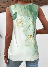Light Green tops,Plants tops,Ombre tops,ROTITA Button Leaf Print Light Green Round Neck Tank Top