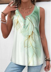 Light Green tops,Plants tops,Ombre tops,ROTITA Button Leaf Print Light Green Round Neck Tank Top