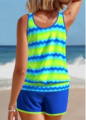 Neon Green swimwear,Striped swimwear,Geometric swimwear,ROTITA Patchwork Neon Green Wave Pattern Print Tankini Set