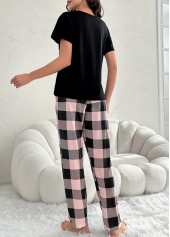 Black loungewear,Plaid loungewear,Plaid Black Round Neck Lounge Top and Pants
