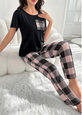 Black loungewear,Plaid loungewear,Plaid Black Round Neck Lounge Top and Pants