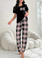 Black loungewear,Plaid loungewear,Plaid Black Round Neck Lounge Top and Pants