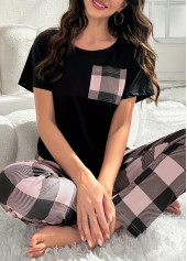 Black loungewear,Plaid loungewear,Plaid Black Round Neck Lounge Top and Pants