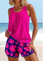 Hot Pink swimwear,Floral swimwear,Plants swimwear,ROTITA Patchwork Hot Pink Floral Print Tankini Set