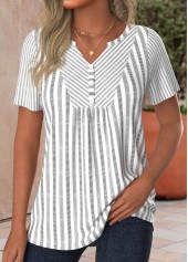 ROTITA Plus Size Button Light Grey Striped T Shirt